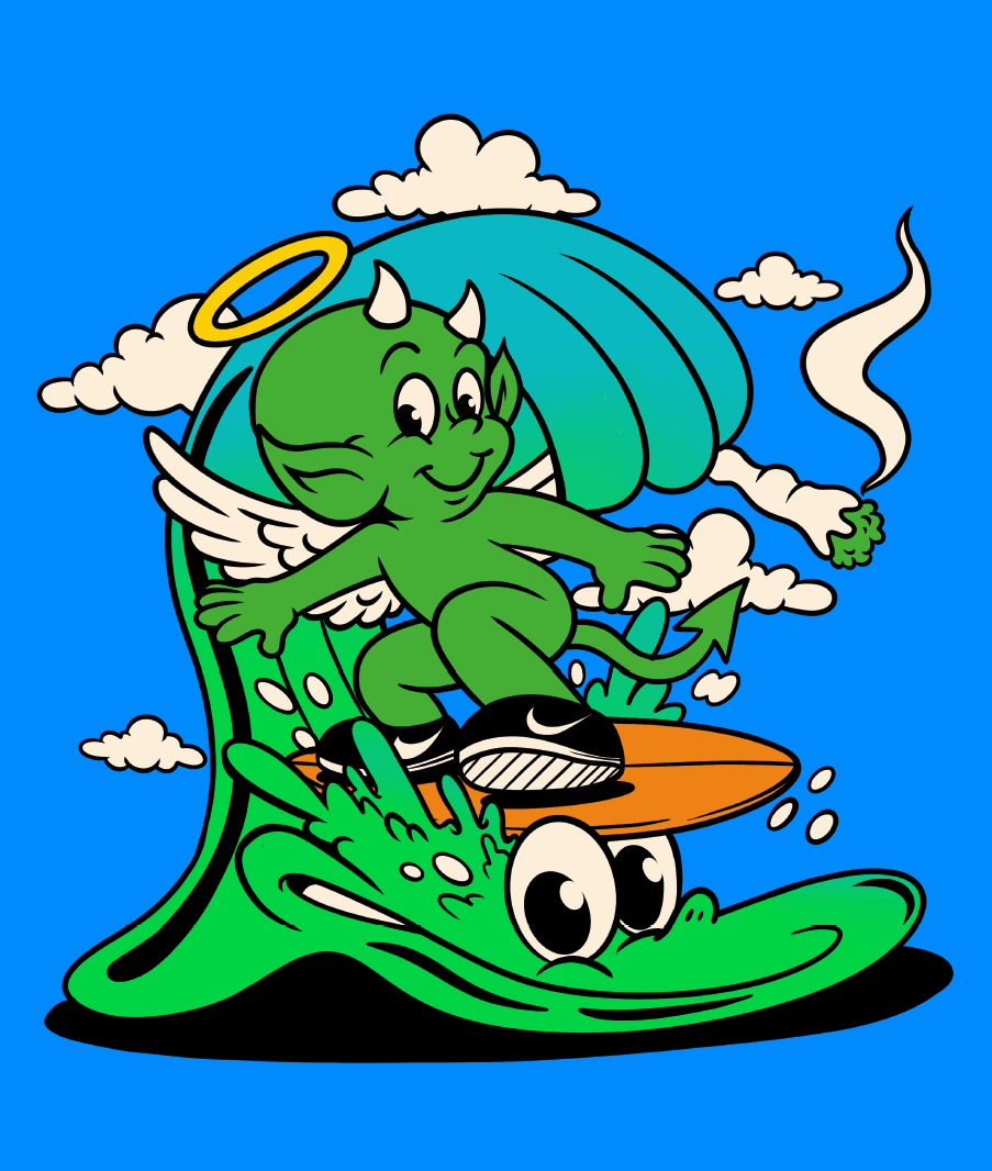 WAVVY × SUNNY — surfing devil illustration — August 8th 2026, 1–6PM, 21+